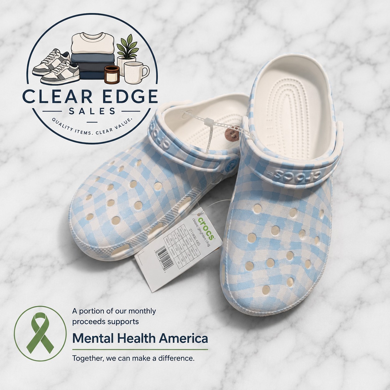 Crocs Classic Gingham Clog Blue White Checkered Unisex M8 W10 New With Tags