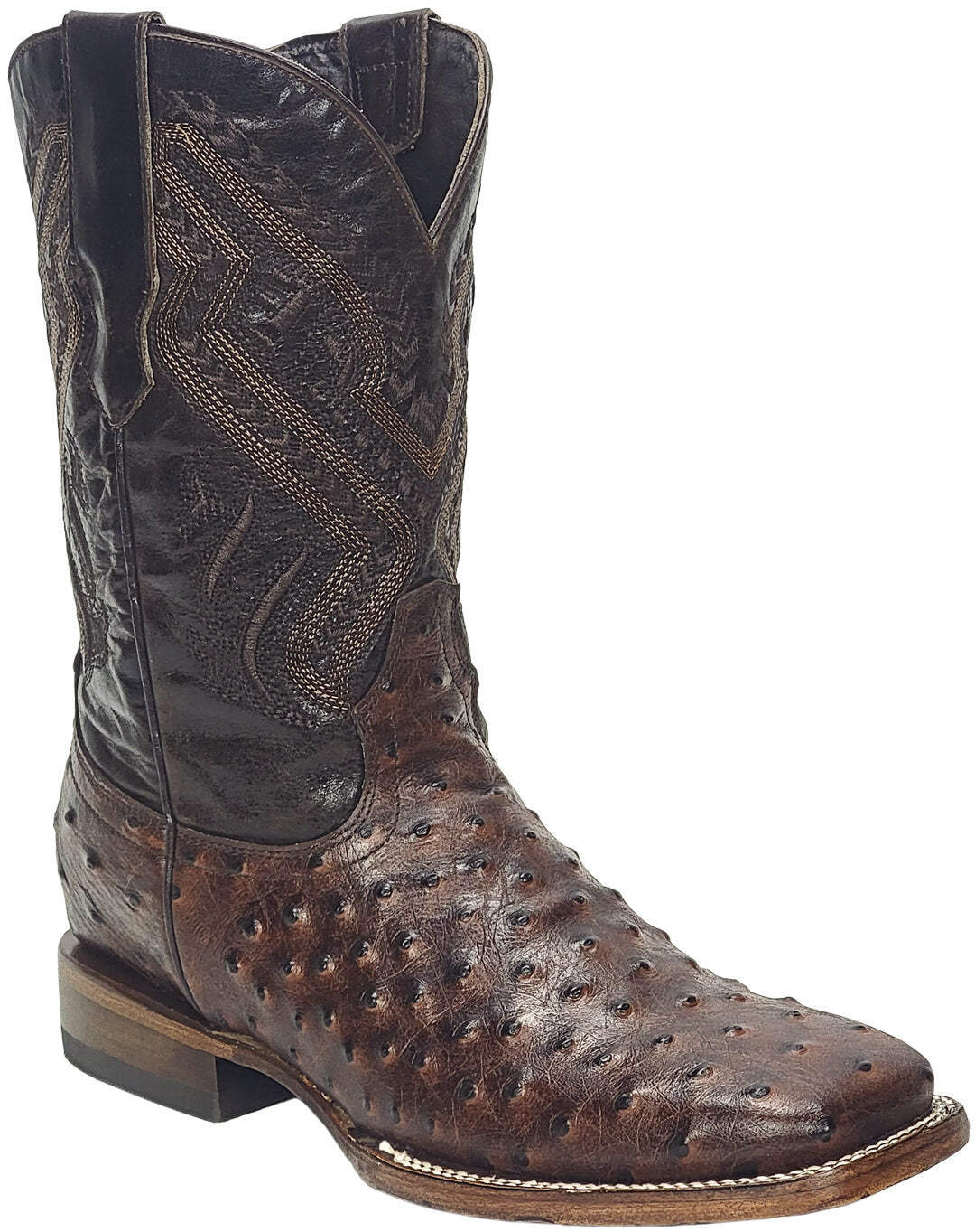 Men Genuine Leather Ostrich Print Western WideSquare Toe Brown Boots Handcrafted