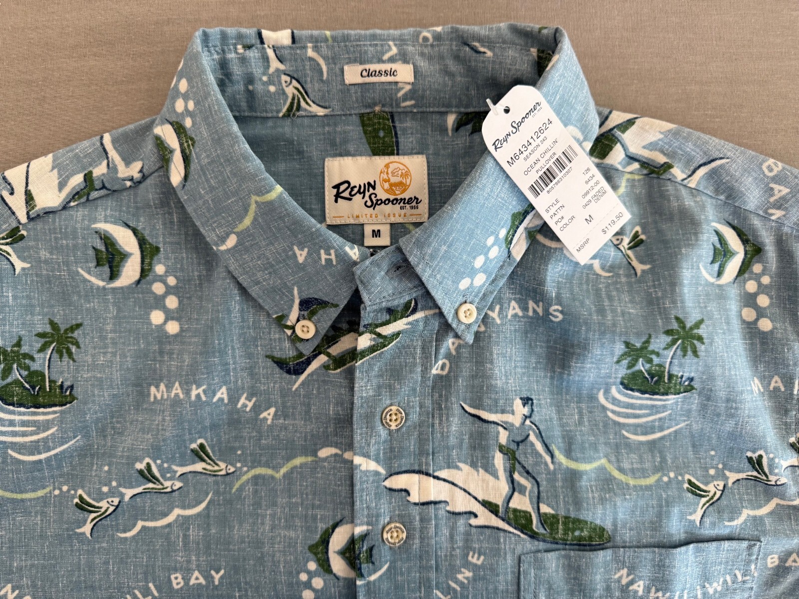 Reyn Spooner Men’s “OCEAN CHILLIN” Faded Denim Classic Fit Pullover Shirt Sizes