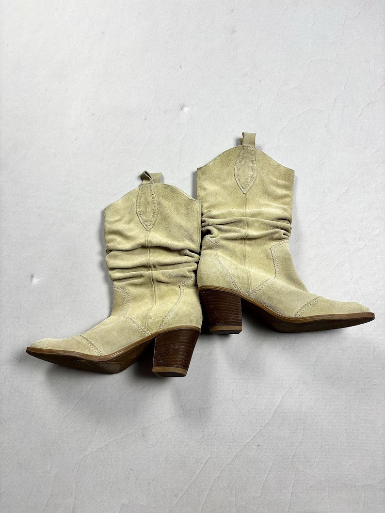 Vintage Style Suede Slouchy Ankle Boots Western Block Heel Bootiees Boho Cowgirl