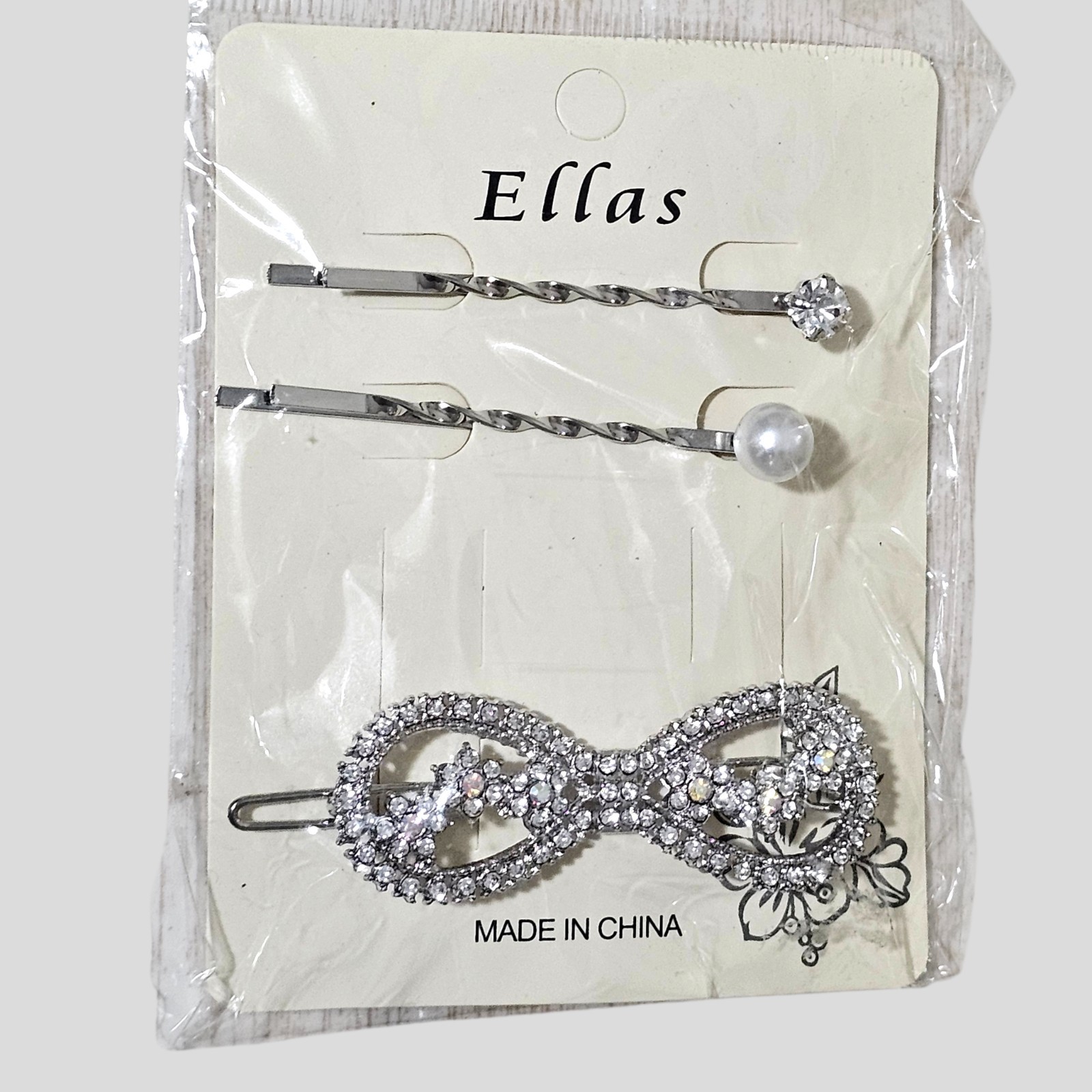 Ellas Rhinestone Bow Hair Clip & Bobby Pin Set Silver Tone Crystal Pearl Bridal