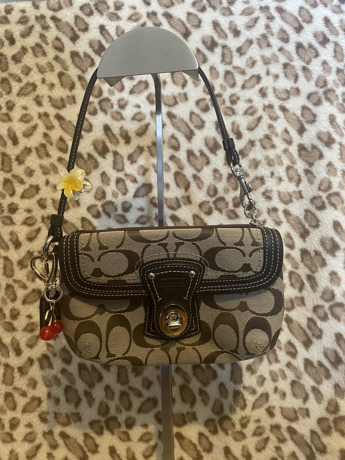 Coach Legacy Signature Brown Canvas Leather Trim Flap Turnlock Wristlet New