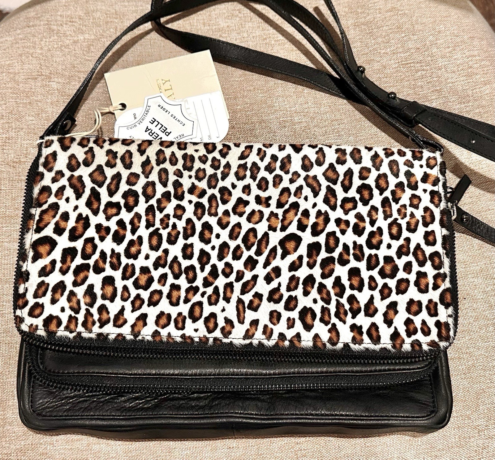 Italian Designer’s Leopard Print Hair on Hide, Leather Foldover Crossbody Bag