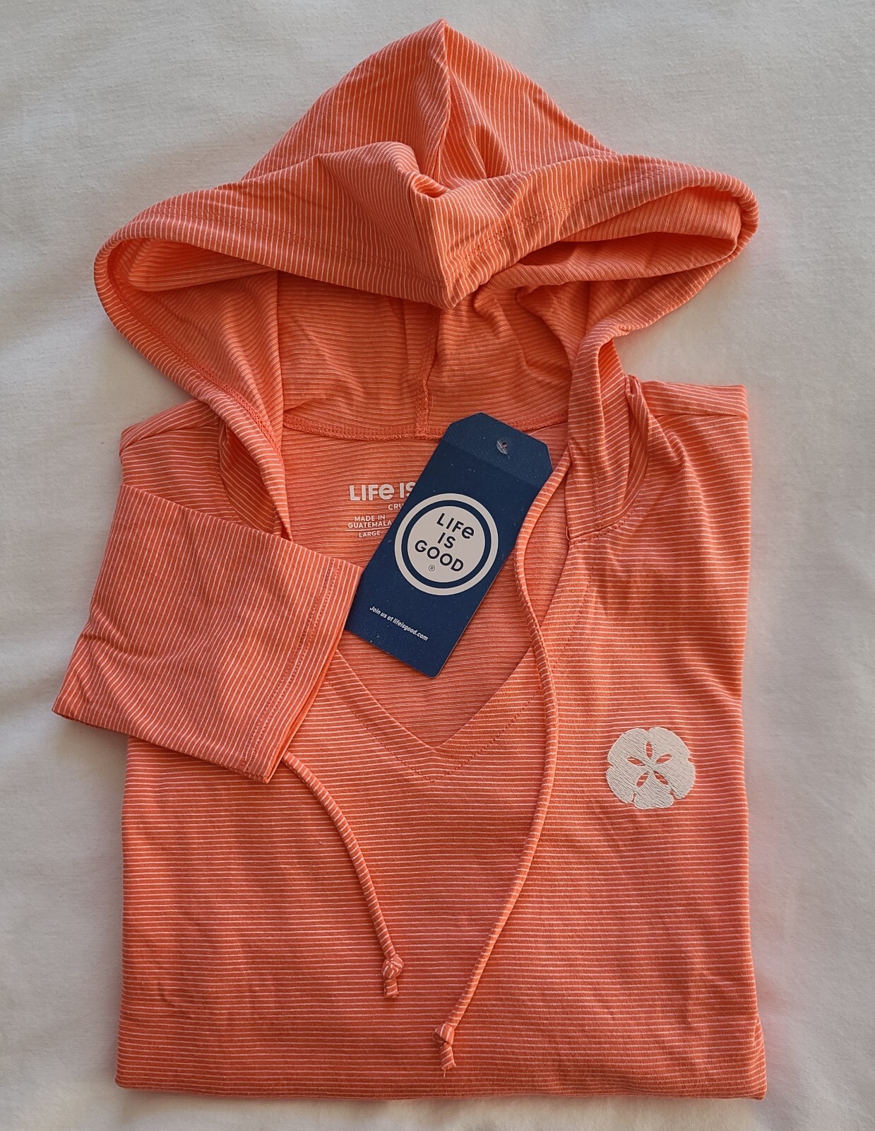 Life Is Good LS Shirt Crusher Lite Hooded Tee SAND DOLLAR Striped 43in Womens L