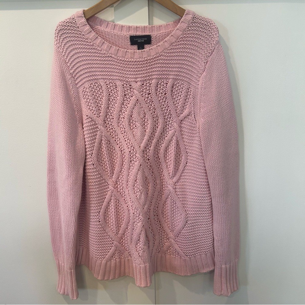 Lands’ End Drifter Cable Knit Sweater Pink 100% Baumwolle Cotton Warm Large