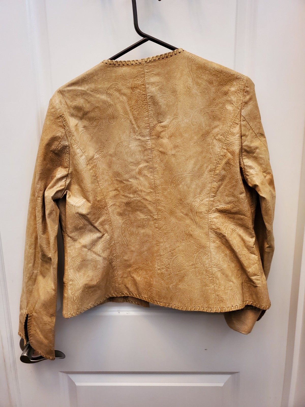 Moda International Tan Genuine Leather Jacket Paisley Textured Whipstitch Women