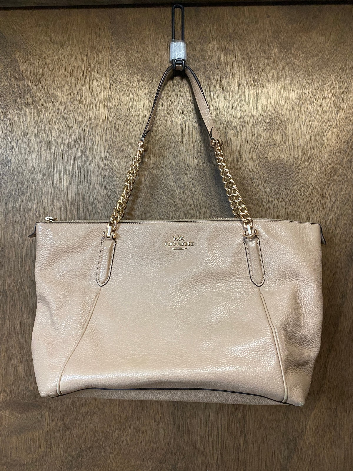 Coach Ava Chain Leather Tote Handbag Beige Shoulder Bag Purse 87775