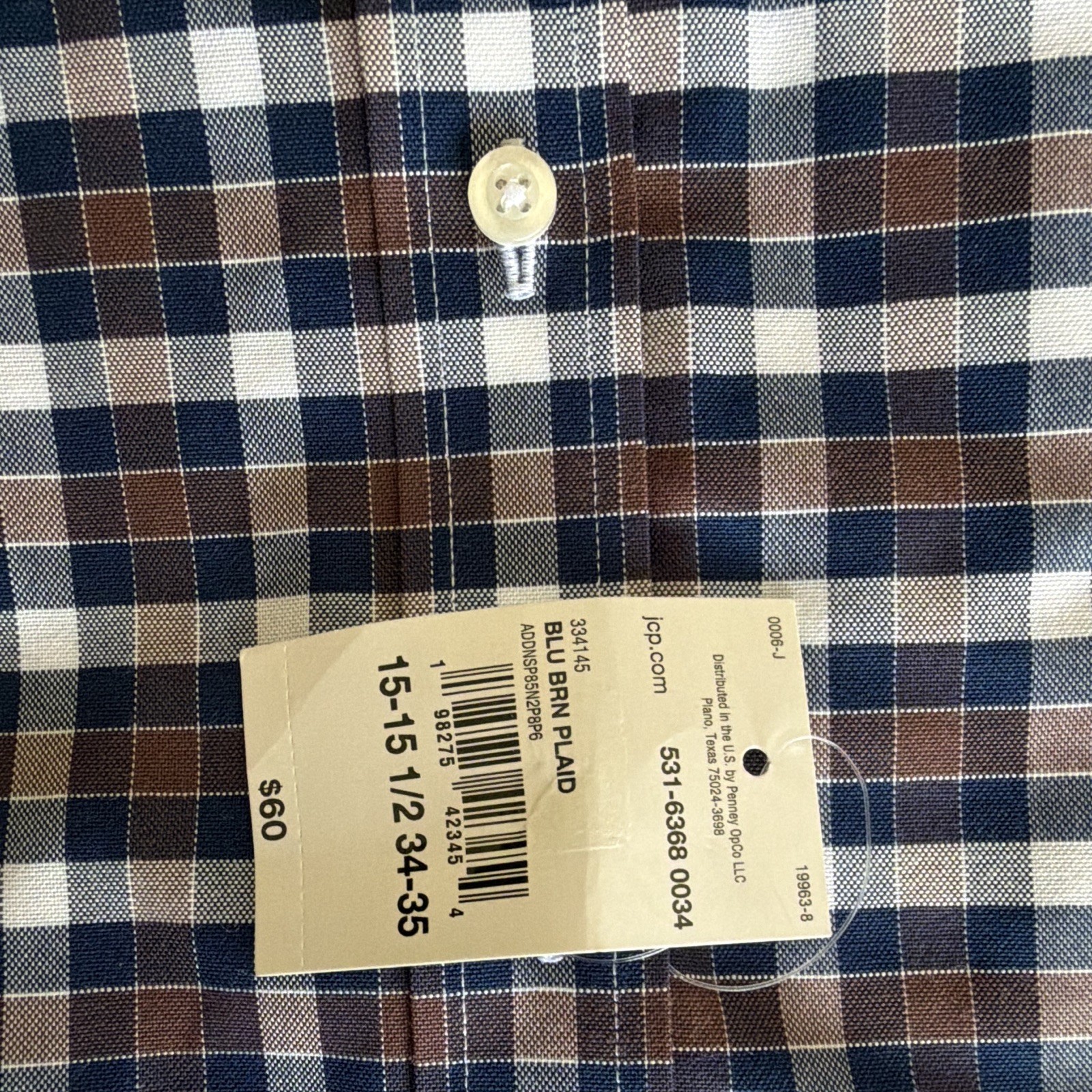 Stafford Oxford CoolMax EcoMade Slim Plaid Dress Shirt Blue/Brown 15-15.5 34-35