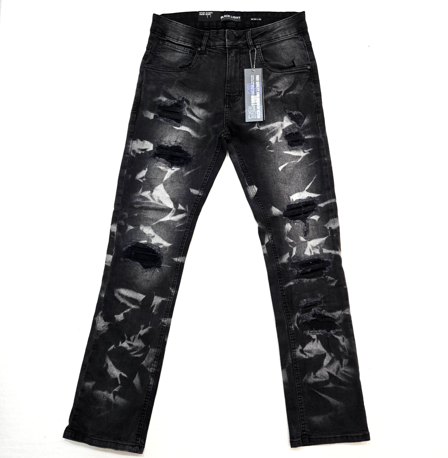 Black Light Men Jeans Stretch Slim Straight Fit Black Distressed Rip Denim