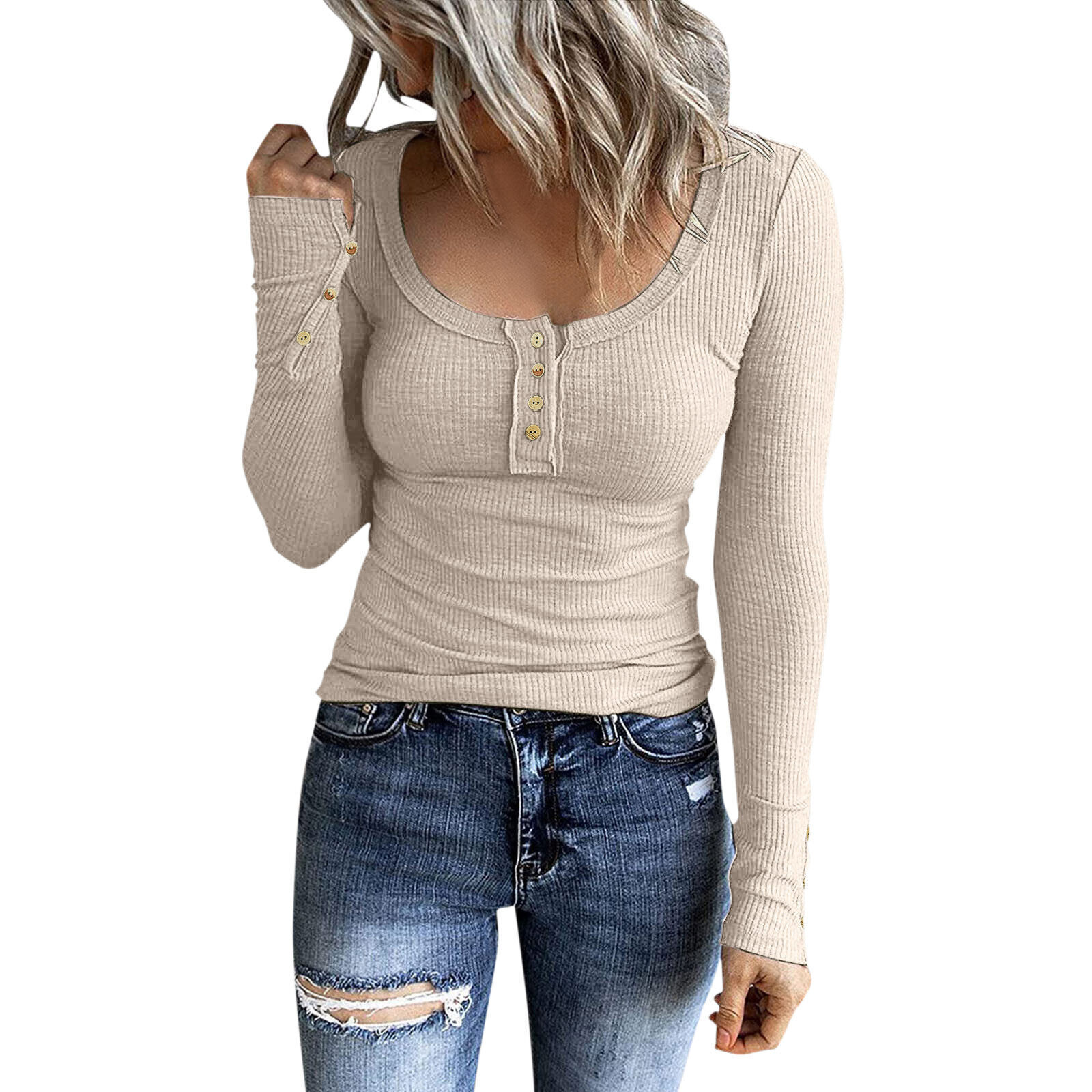 Lady Long Sleeve Henley T Shirt Button Slim Fit Top Scoop Neck Ribbed Knit Shirt