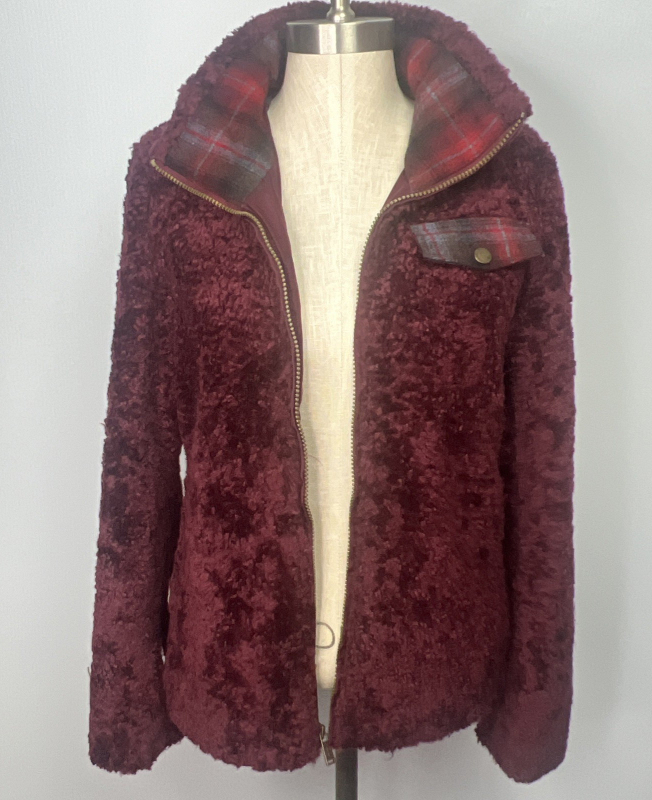Pendleton Women’s Sherpa Fleece Jacket Small Burgundy Wool Plaid Full Zip Cozy