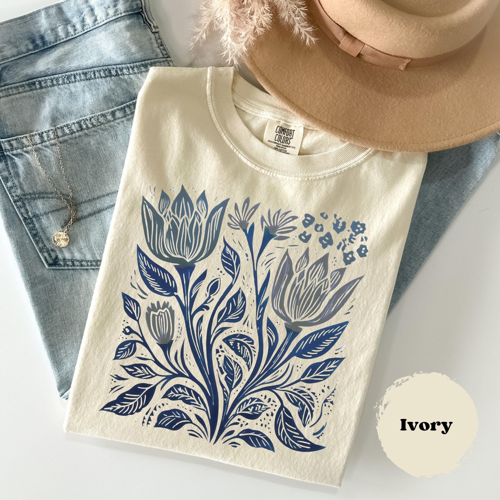 Linocut Shirt Vintage Flower Botanical Women Shirt Comfort Colors Retro