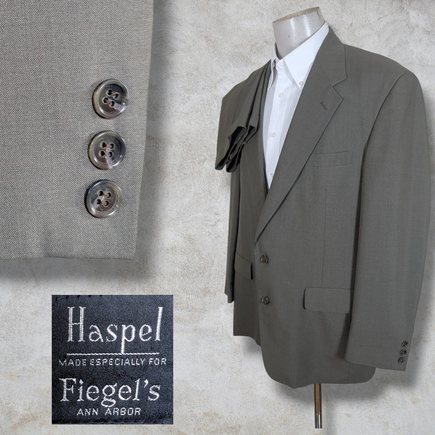 Vintage Haspel 2 Piece Suit Mens 44L 38×31 Solid Beige Olive Green Half LIned