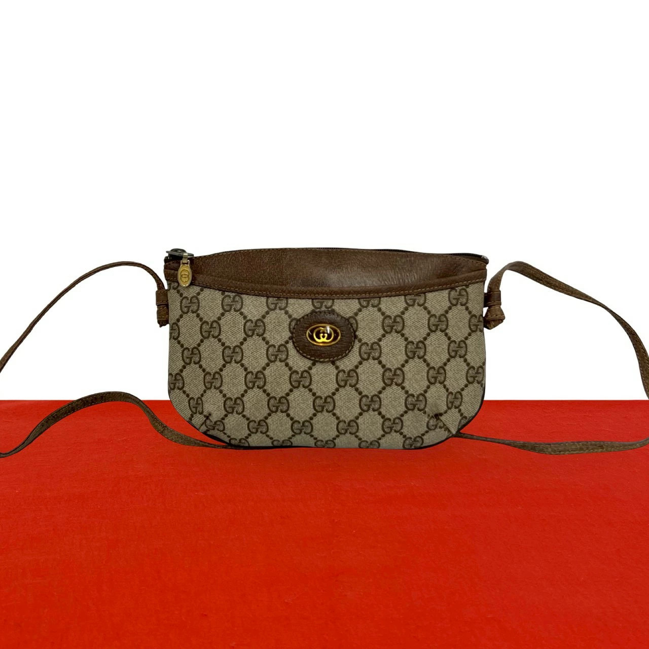 GUCCI Vintage Old Gucci GG Logo Pattern Leather Mini Shoulder Bag Pochette Brown