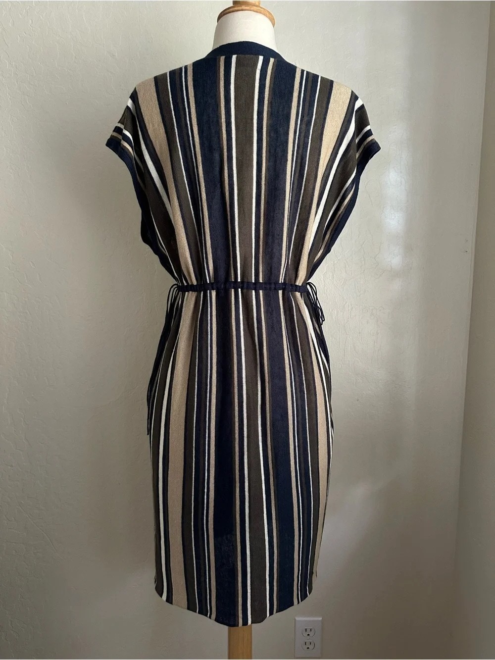 Theory Navy and Cream Striped V-Neck Midi Dress