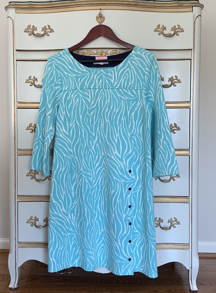 Lilly Pulitzer Blue Dress Large Shift Sleeves Self Tie Belt