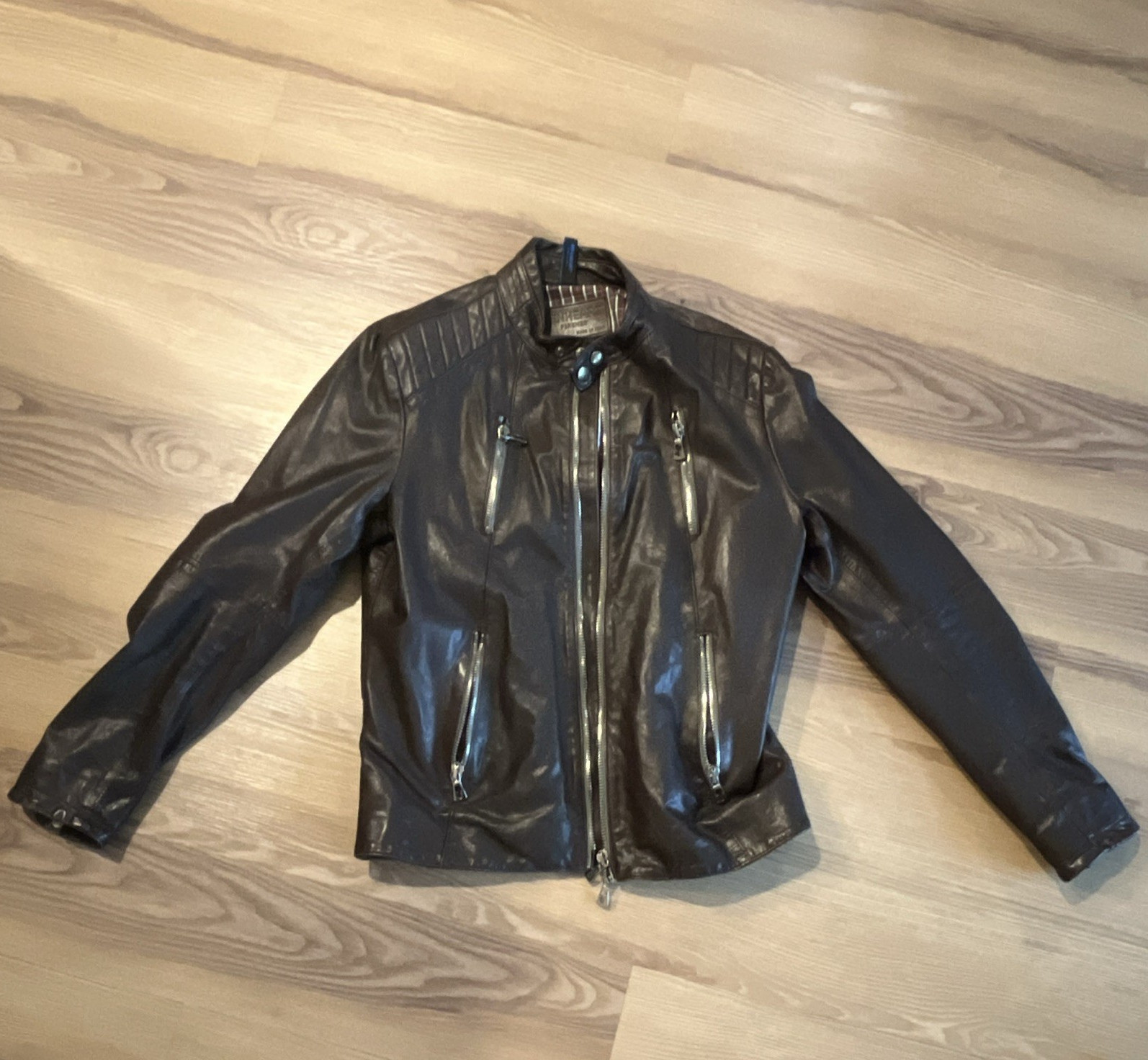 Benheart Men’s Black Biker Jacket Leather Zip Band Collar Pockets Size 50
