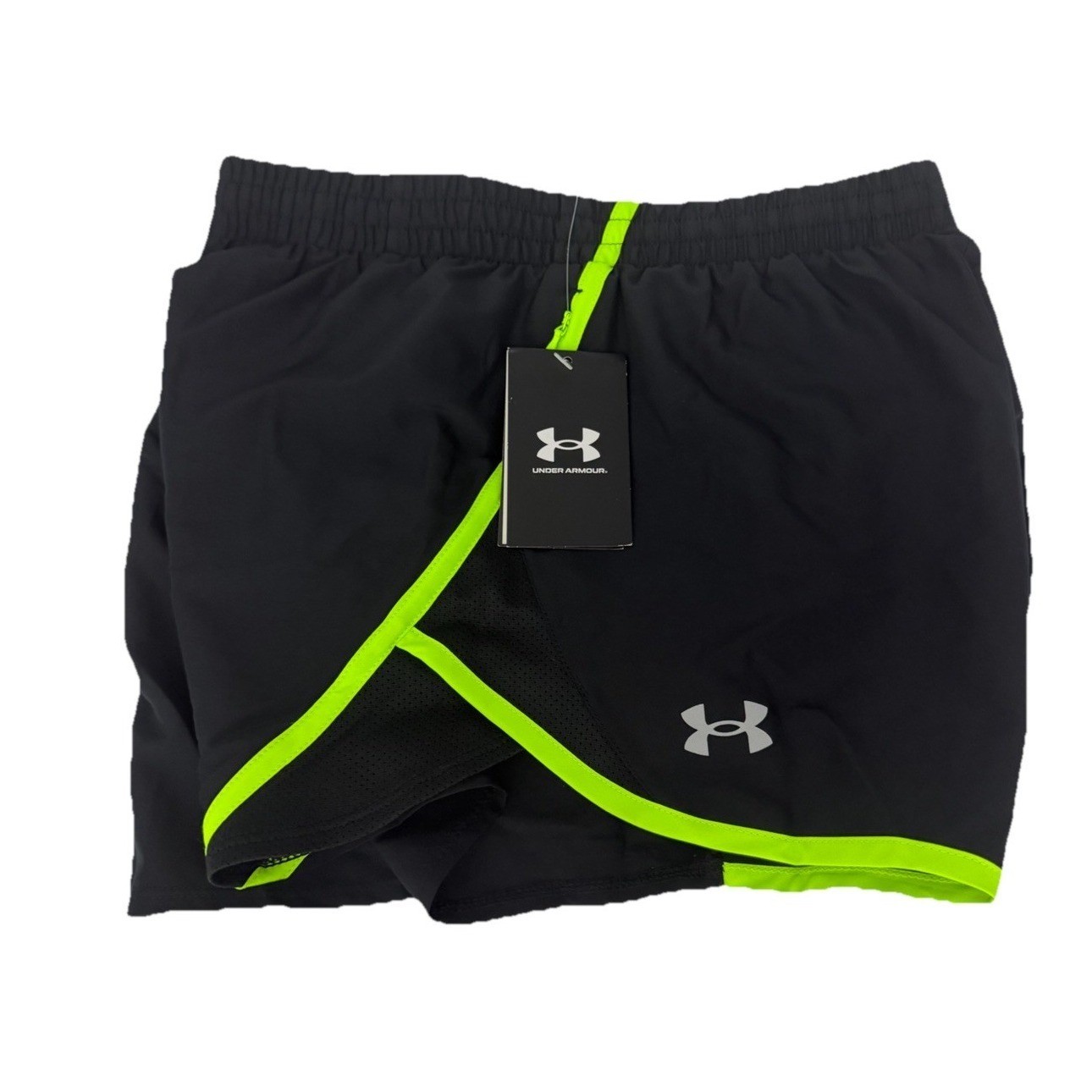 Under Armour Women’s Fly by Shorts, Black/Hyper Green/Reflective Size L New