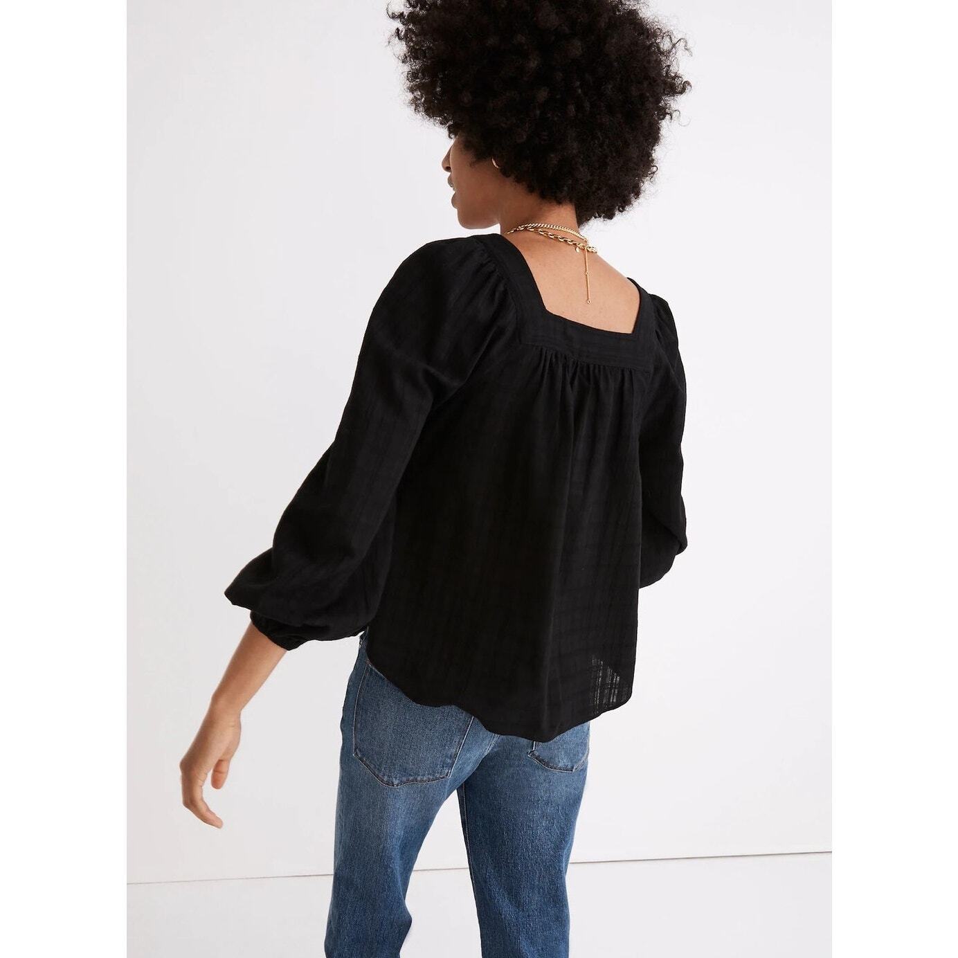 NEW $88 Madewell Square-Neck Bubble-Sleeve Top in Plaid-True Black++ Size: S