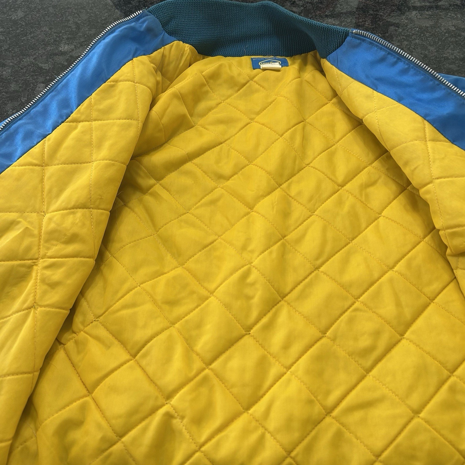 VTG 70s Good Year Tires Racing Jacket Size M USA Made Blue Nylon Quilt Lined