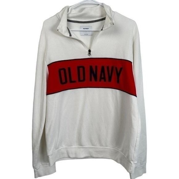 Old Navy Mens Quarter Zip Sweatshirt White Red Logo Fleece Pullover Large
