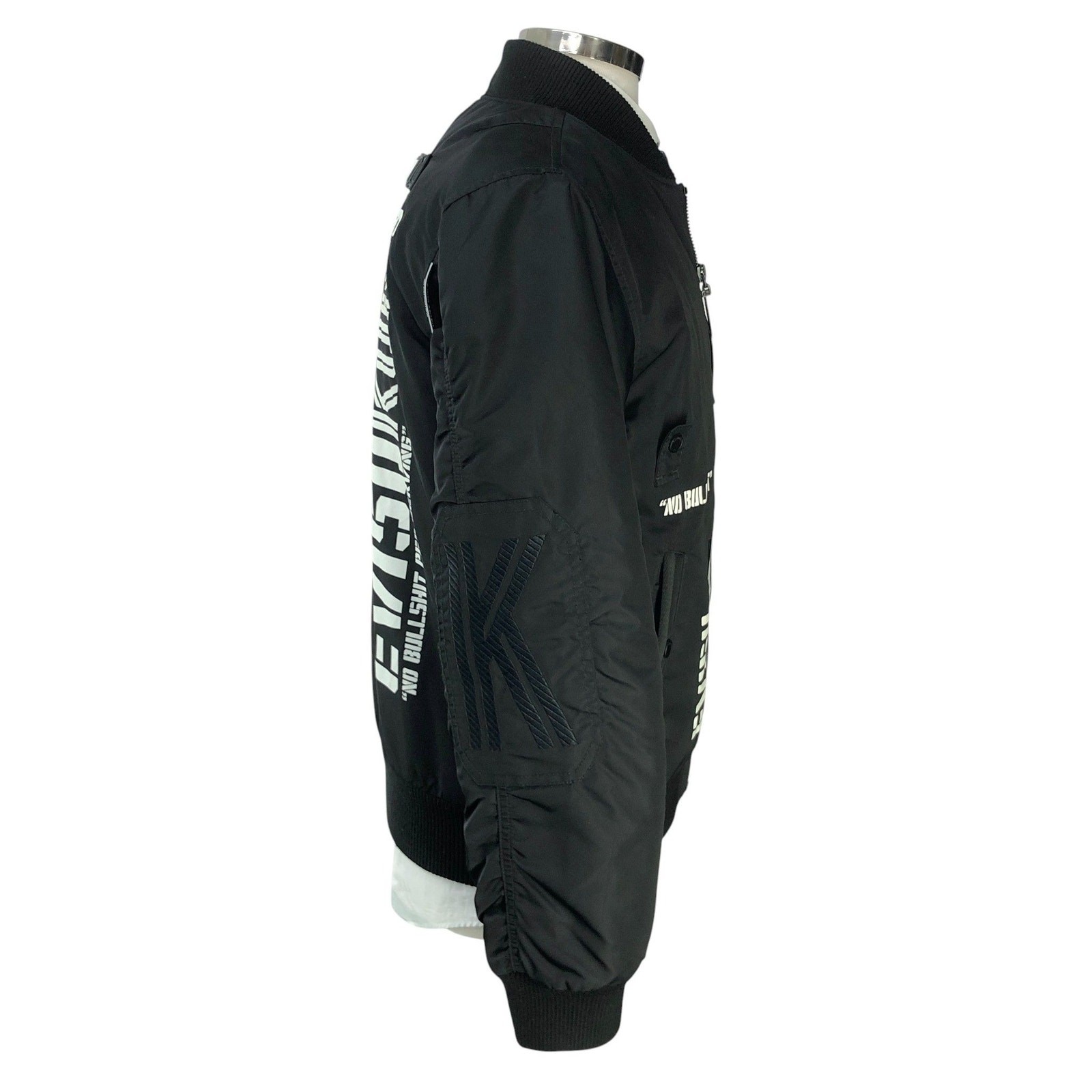EVISUKURO Flight Jacket Mens M Black Graphic Zip Quilted Liner Streetwear Patch