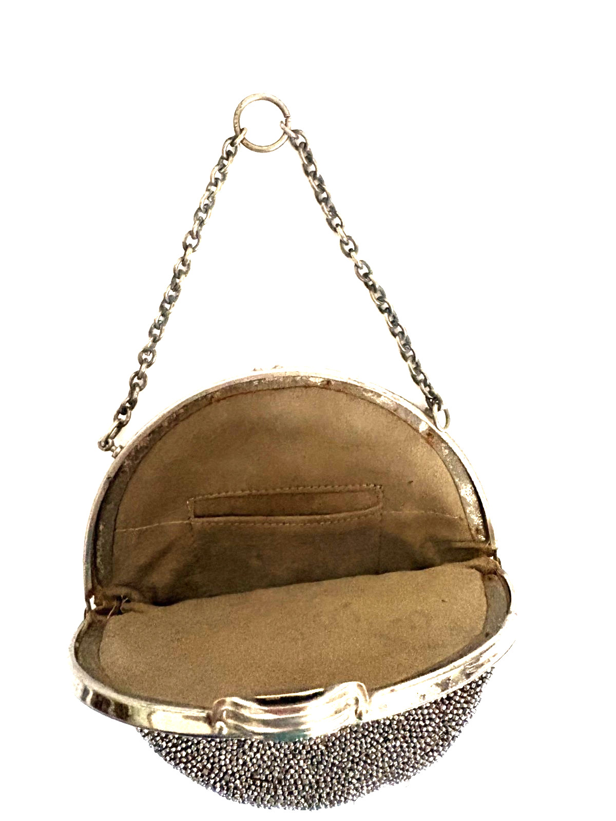 Antique Chatelaine Round Suede & Steel Cut Beaded Purse w/Mythical Fish on Frame