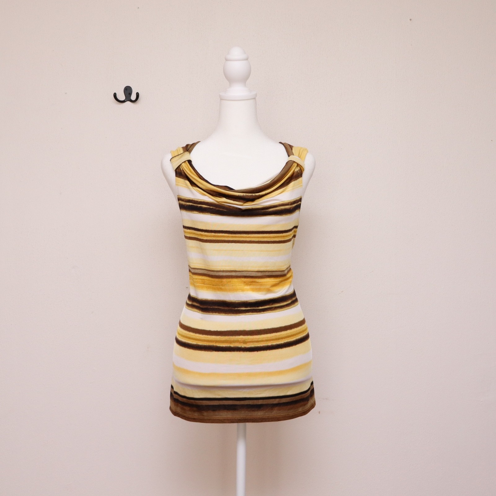 Dana Buchman Women’s Medium Cowl Neck Top Fitted Knot Shoulder Stripped Yellow