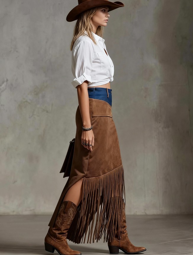 Women’s Western Fringe Suede Maxi Skirt with Denim Waist & Slit