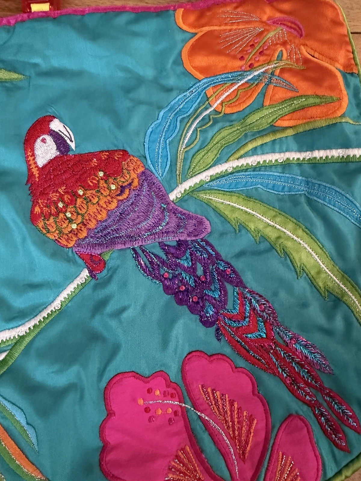 Accessorize Handbag Embroidered Parrot Tropical Dbl Plastic Handles 11.5” Square