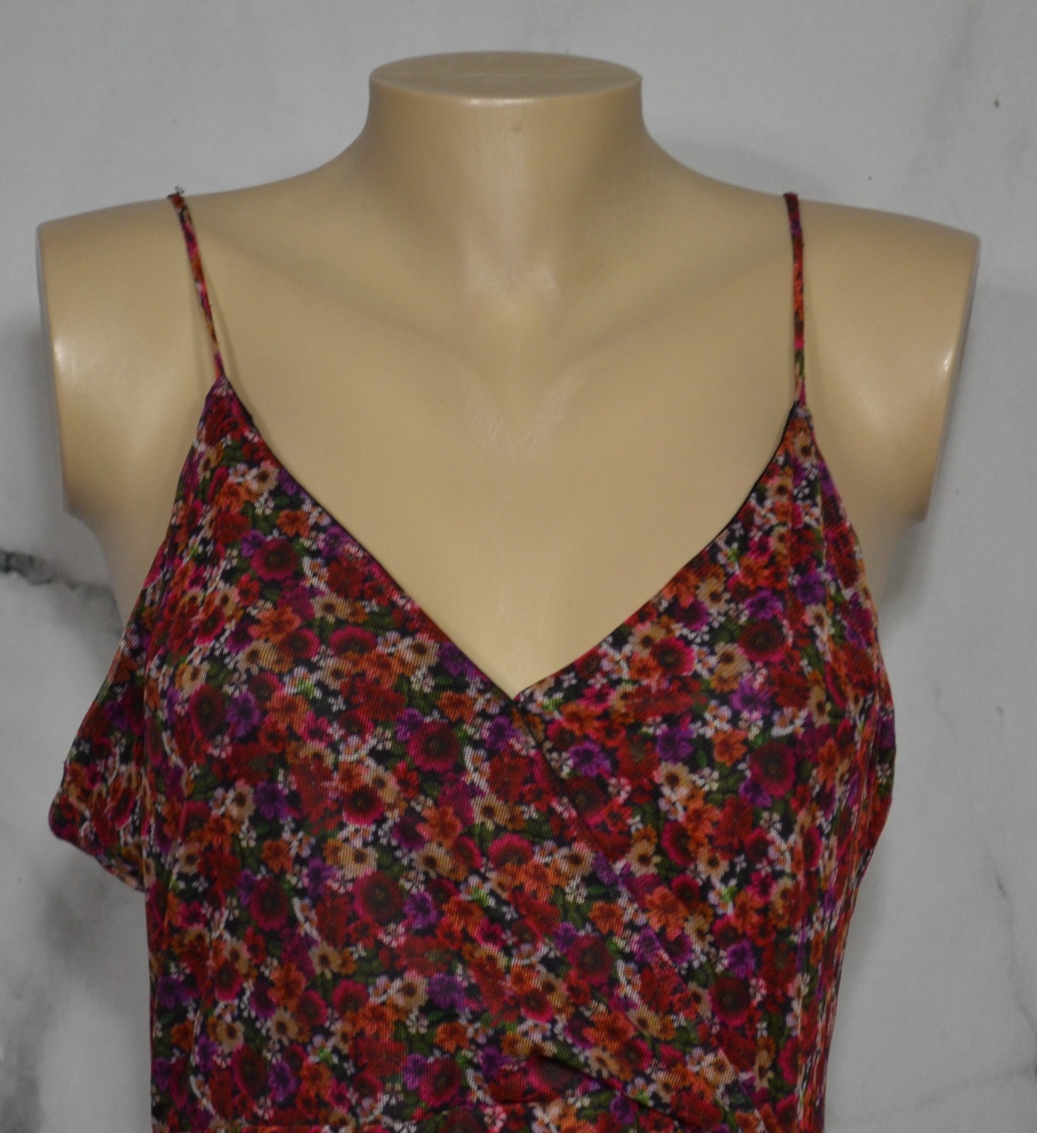 BCBGENERATION Black Multicolor Floral Spaghetti Strap Ruched Dress 14 Asymmetric