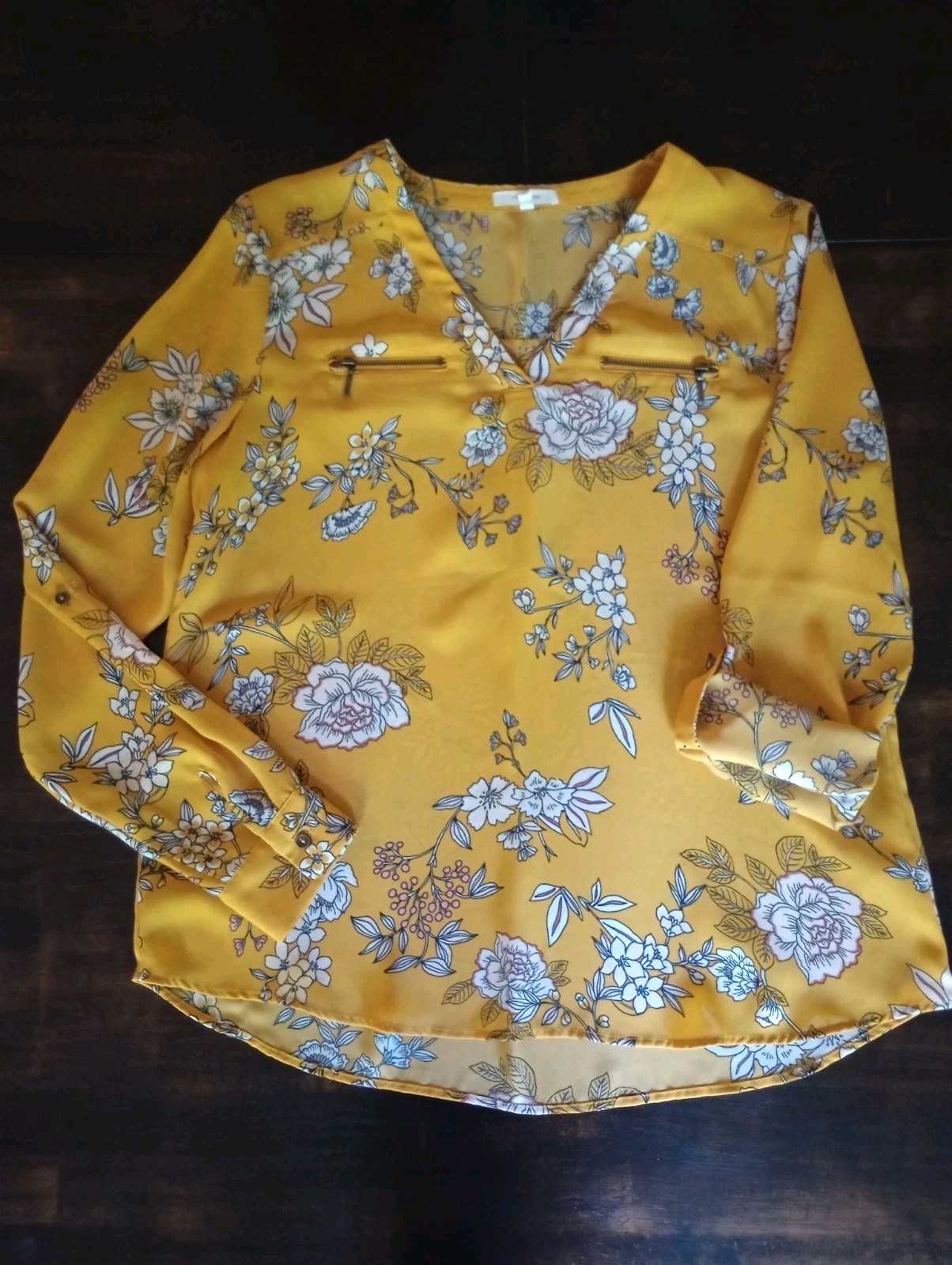 Maurice’s Women’s M Yellow Floral V-Neck Long Sleeve Woven Polyester Blouse EUC