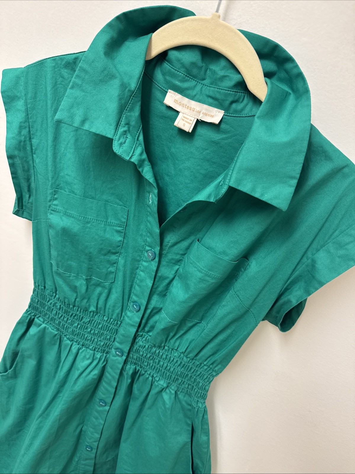 Monteau Los Angeles Women’s Kelly Green Button Down Cotton Shirt Dress
