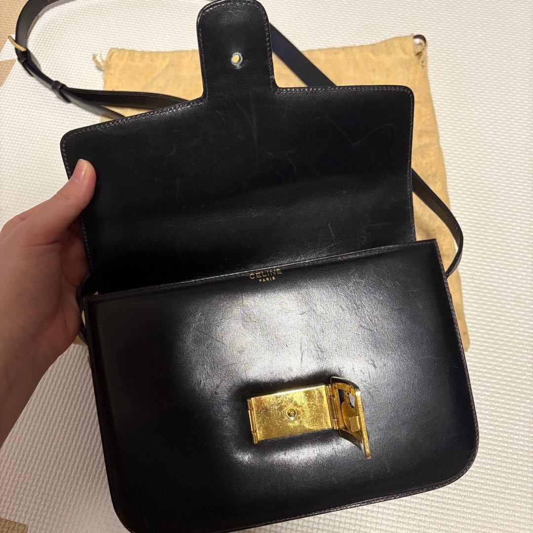 CELINE Black Leather Vintage Shoulder Bag Horsebit Carriage Hardware Authentic