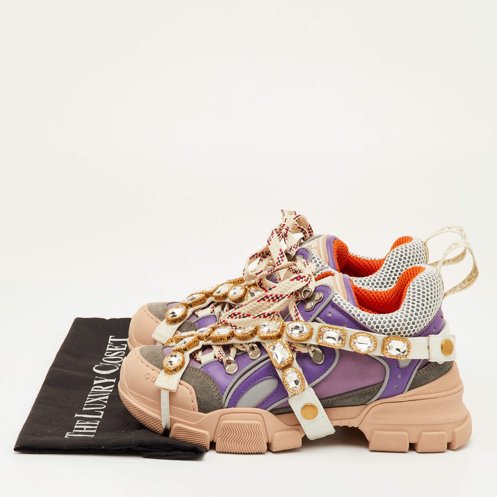 Gucci Flashtrek Size 37.5 Multicolor Mesh and Leather Removable Crystals