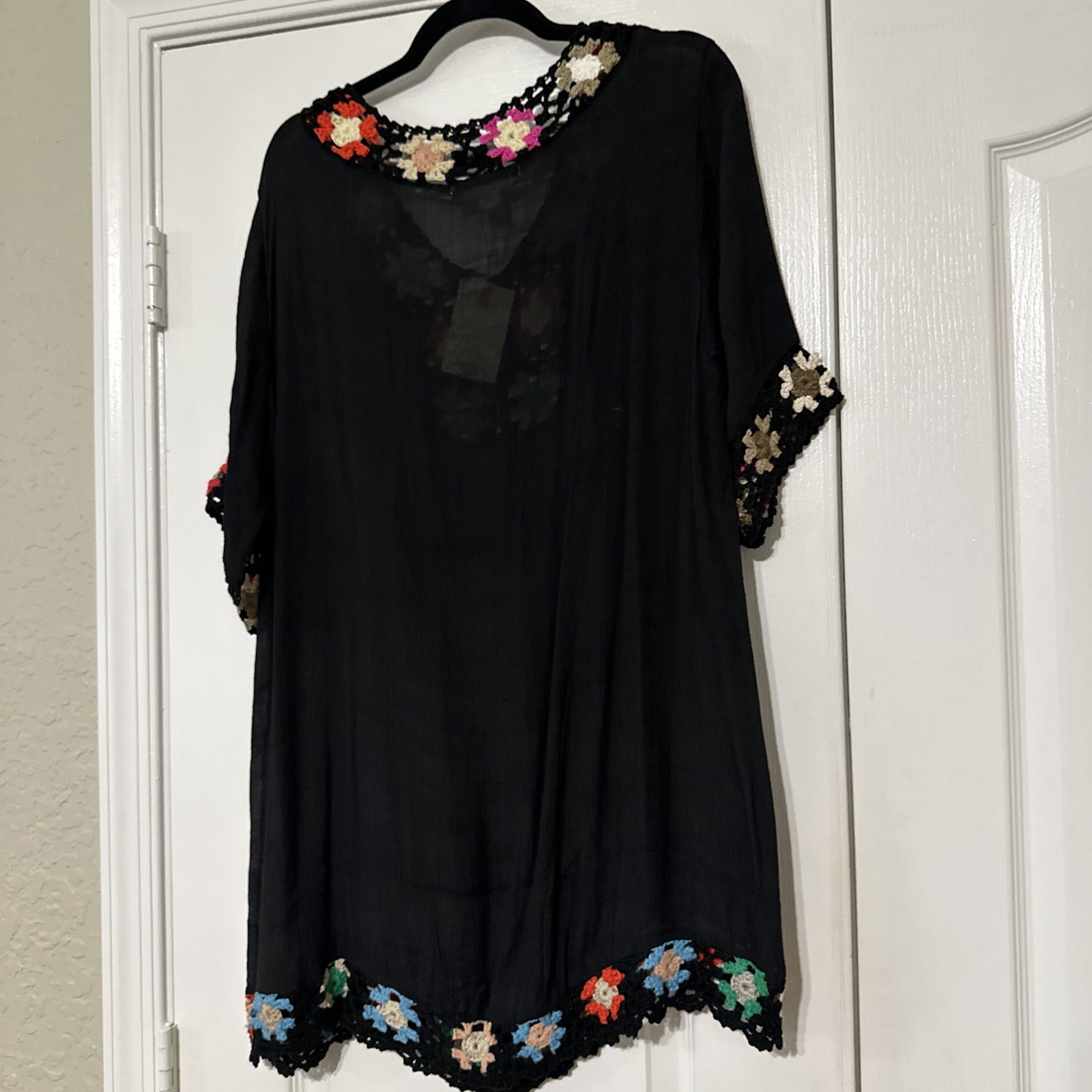 Beach By Exist Beach Coverup Black With Crochet Multi Colored Flowers One Size