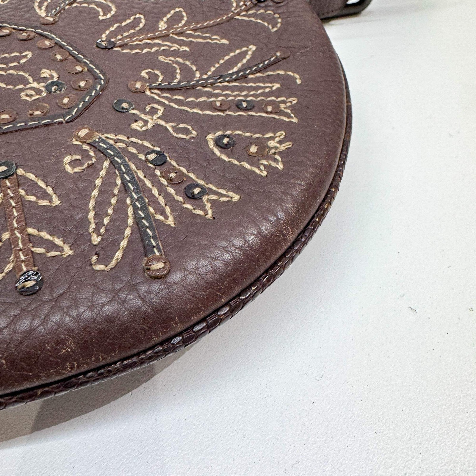 FENDI Selleria Oyster Lizard Embossed Leather Trim Embroidered Brown Leather Sho
