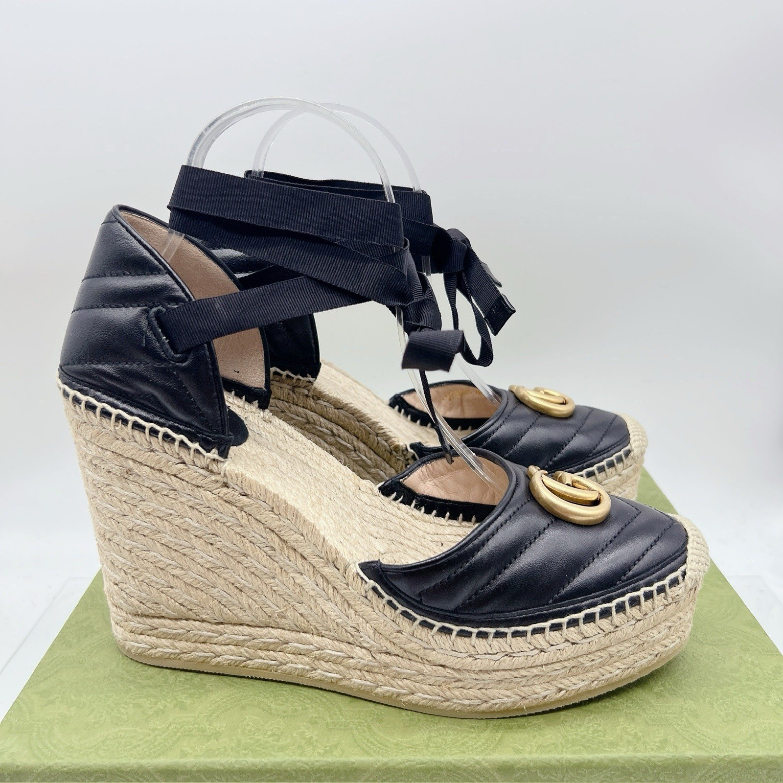 Gucci GG Marmont Platform MATELASSÉ Wedge Heels Espadrille Black Leather EU 40.5