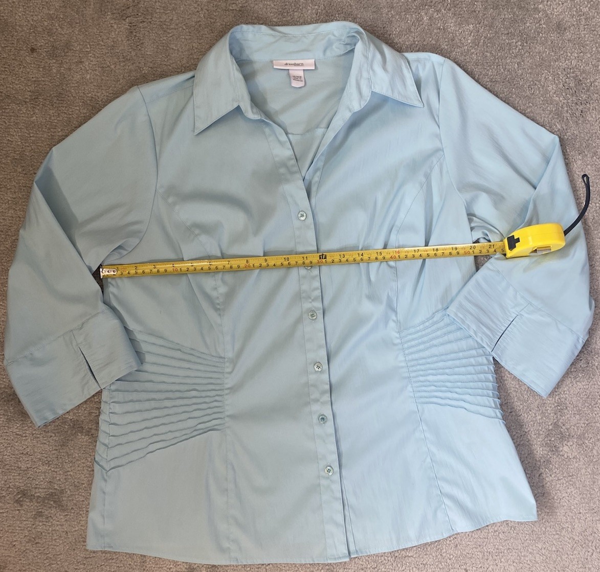 Dress Barn Aqua Blue Button Pin Tuck Blouse 14/16W Tailored Silouette Business