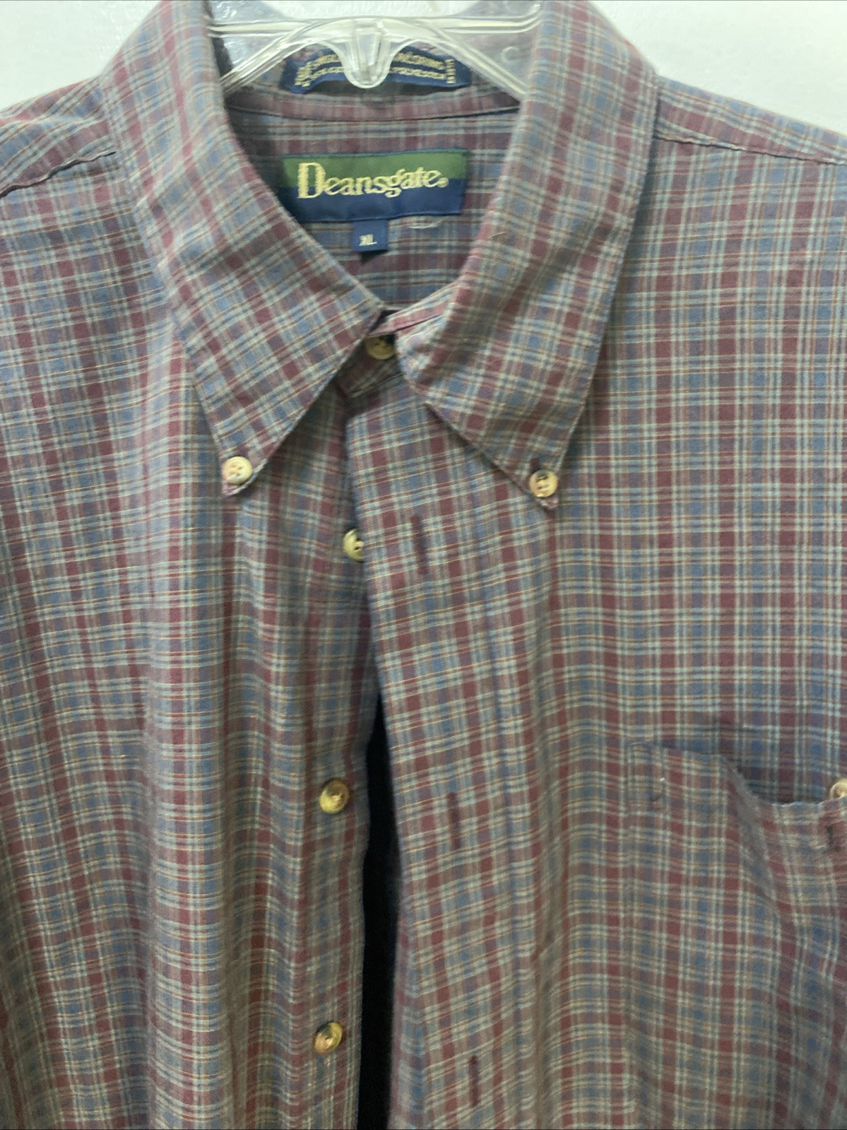 Men’s Deansgate Dress Shirt-Red/Blue Plaid Long Sleeve, Pocket Size XL