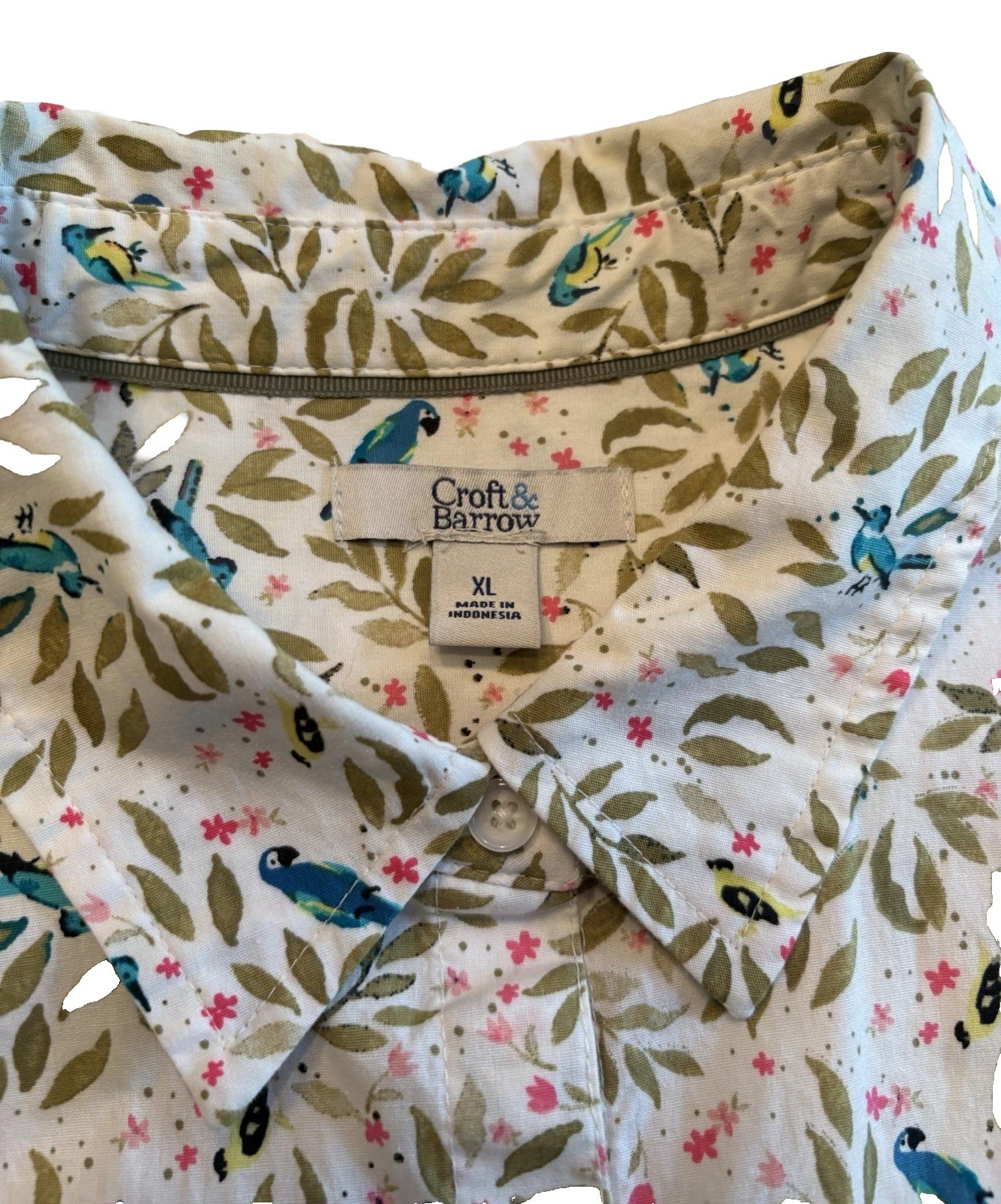 Croft & Barrow Women XL Bird Floral Roll Tab Sleeve Button Front Shirt Cotton