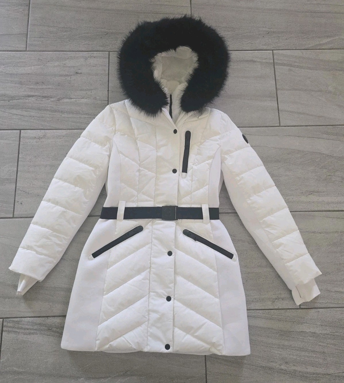 Michael Kors Women’s Belted Hooded Puffer Coat Faux Fur Trim Size S Retail $300