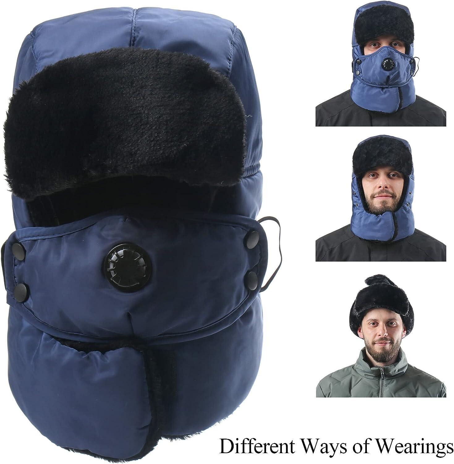 Winter Fur Ear Flap Trapper Hat w/Face Mask Windproof Water Resistant Winter Hat
