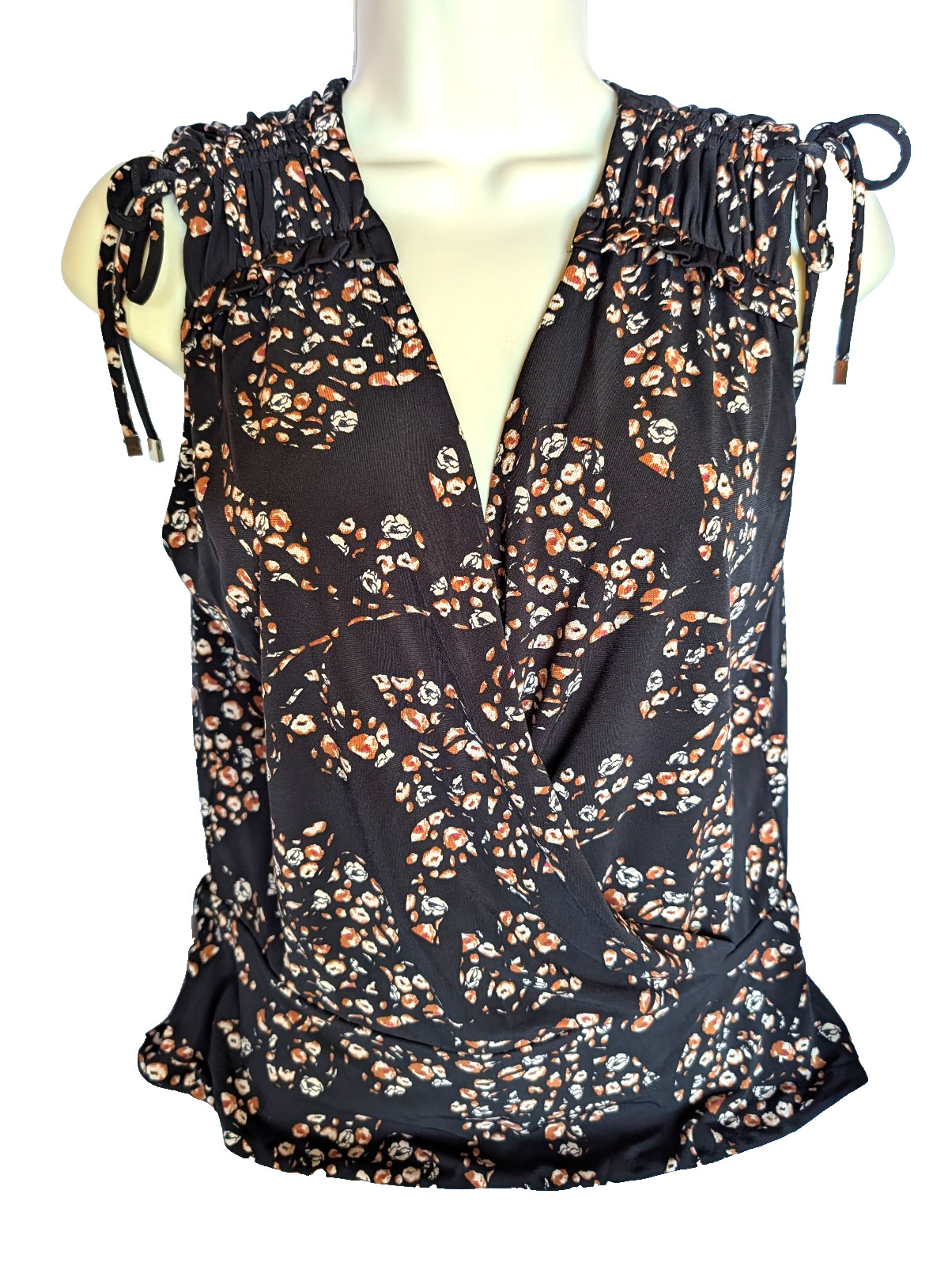 White House Black Market Black V Neck Sleeveless Top Strings Brown Floral Small
