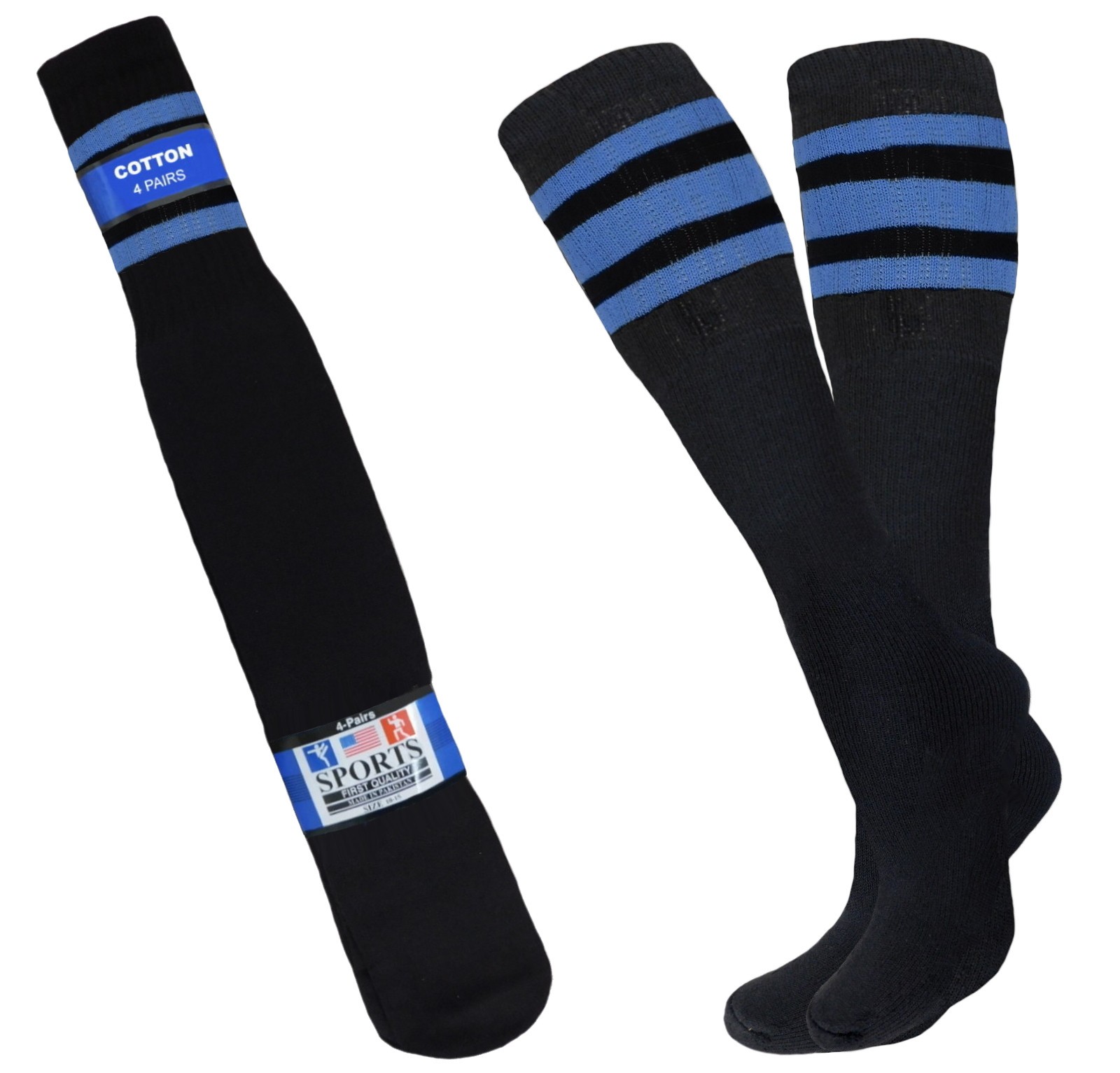 4 Pk Black Tube Socks Striped 22 Inch Long Old School Cotton Socks 6 COLORS