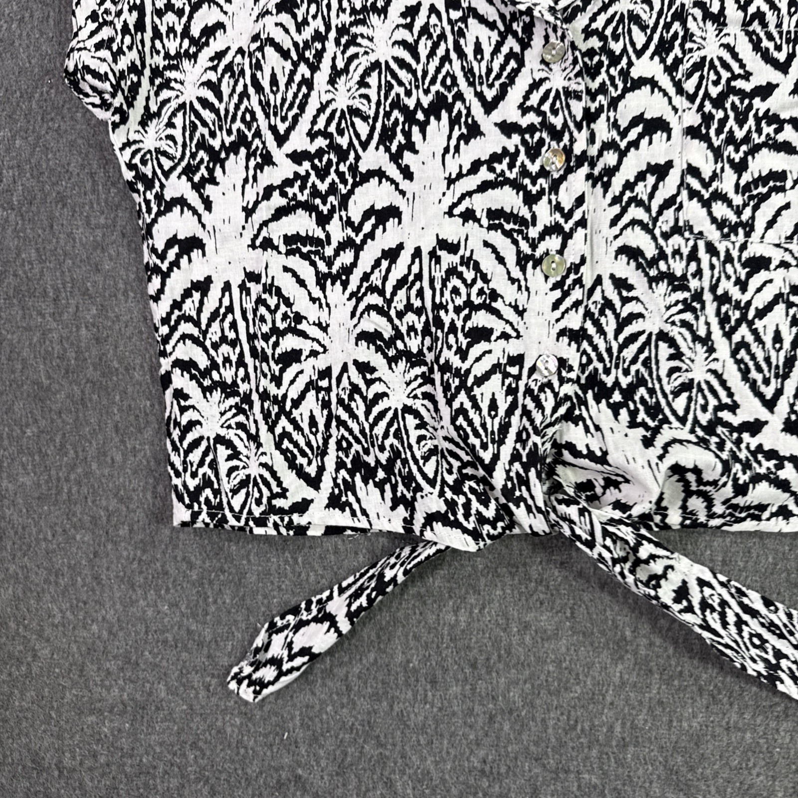 Panama Jack Linen Blend Tie Front Button Up Shirt Women’s XS Black White Floral