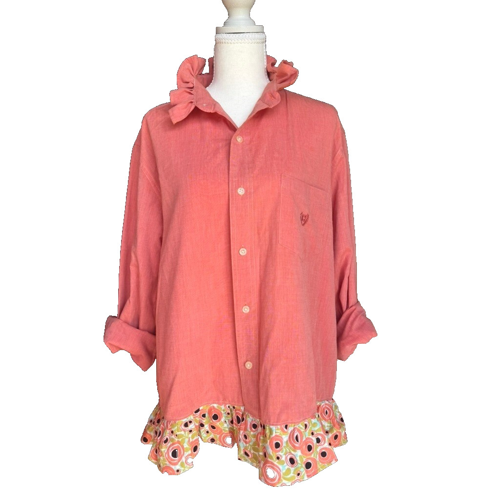 Heirloom one of a kind ruffle collar, ruffle hem oxford button down top.