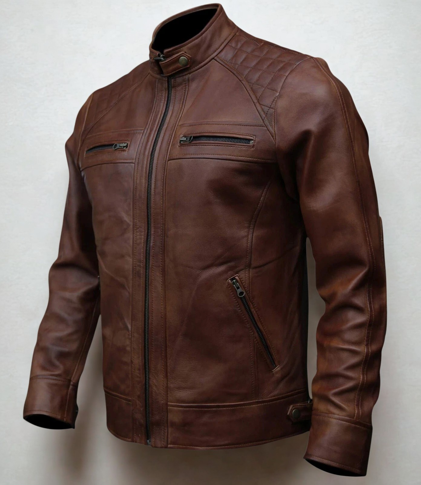 Men’s Genuine Sheepskin Leather Cafe Racer Motorcycle Biker Jacket Vintage Style