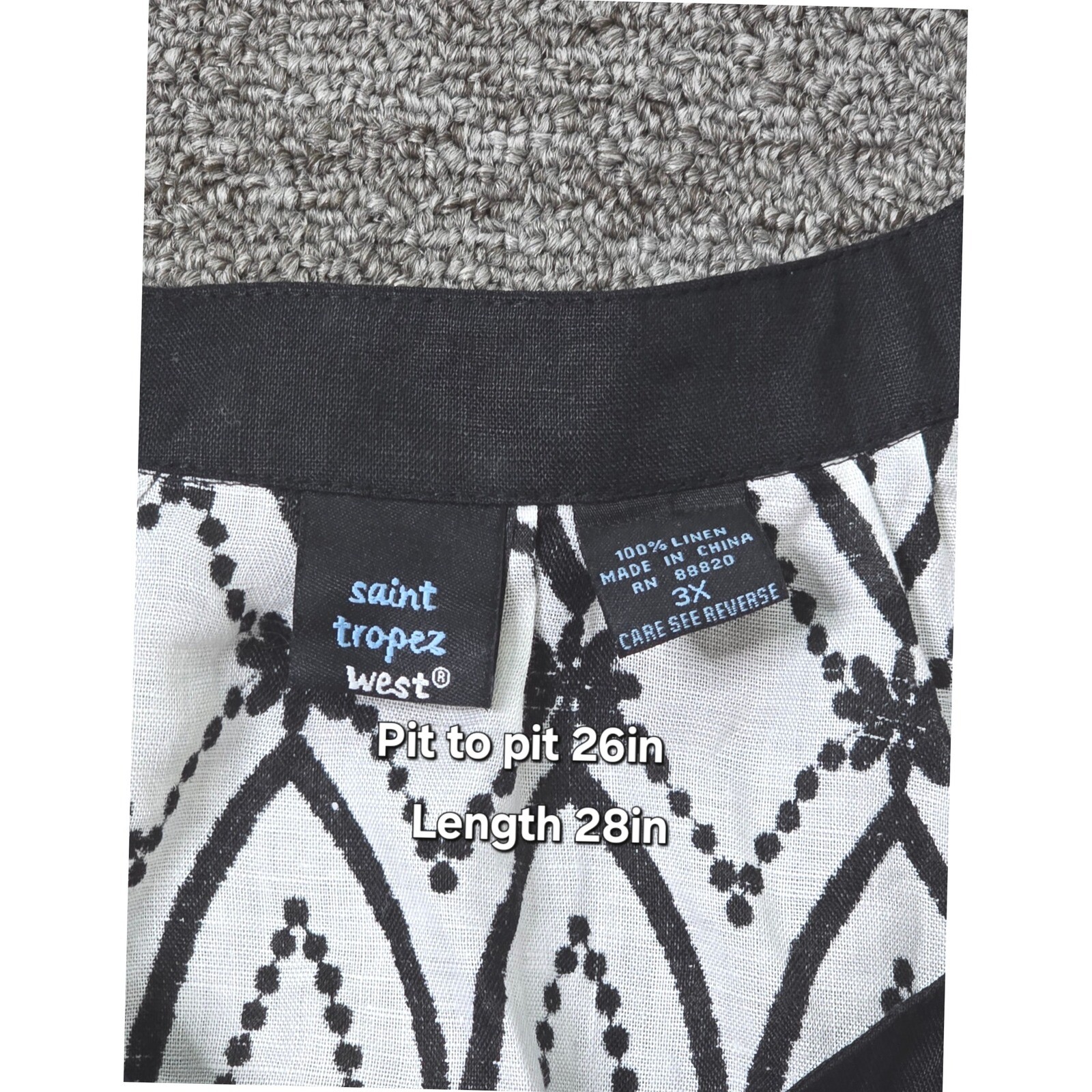 Saint Tropez West Blouse Top Black White Print Tie Neck 3X
