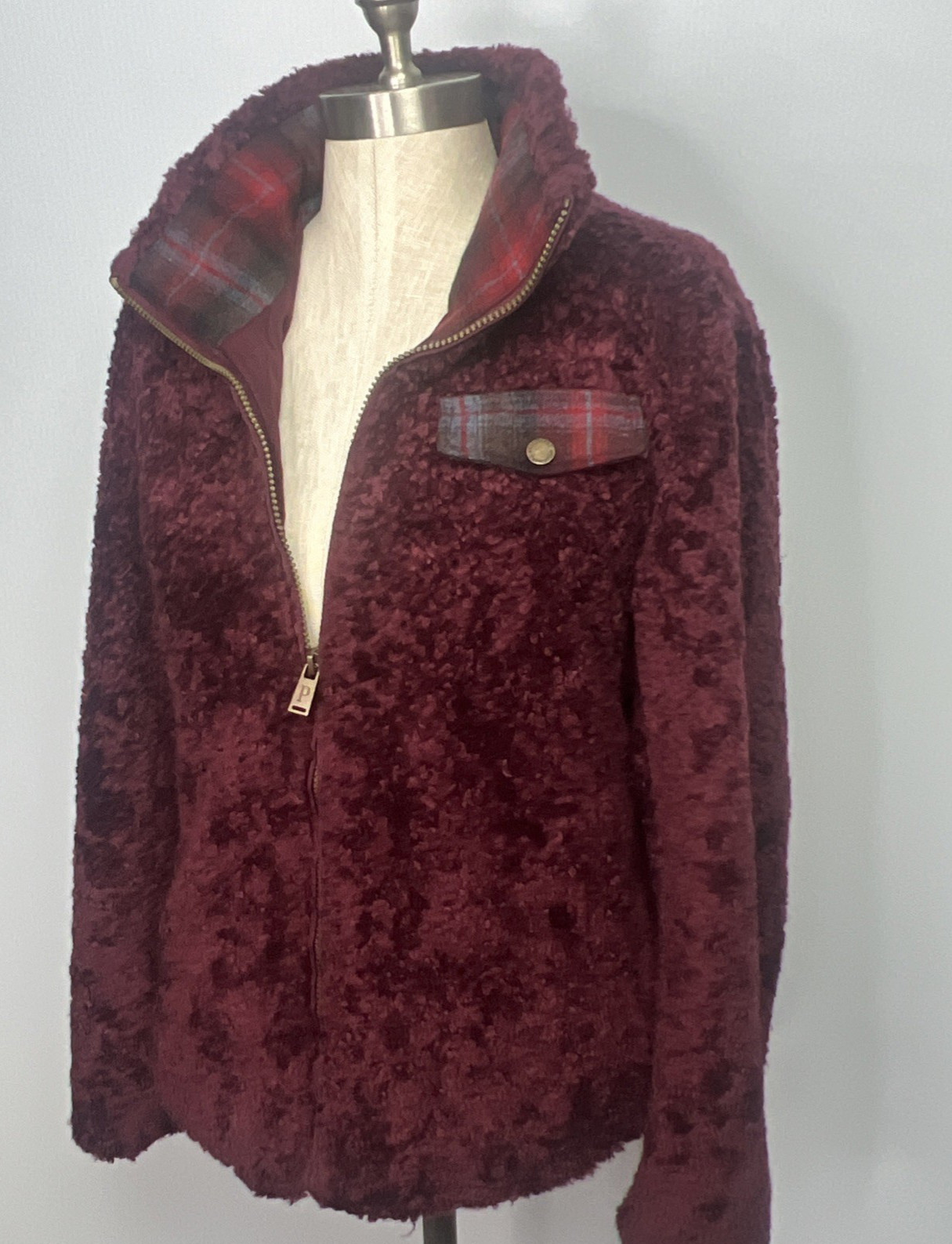 Pendleton Women’s Sherpa Fleece Jacket Small Burgundy Wool Plaid Full Zip Cozy